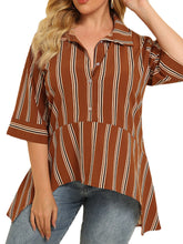 Plus Size Women Stripe Half Button High Low Vintage Half Sleeve Blouses